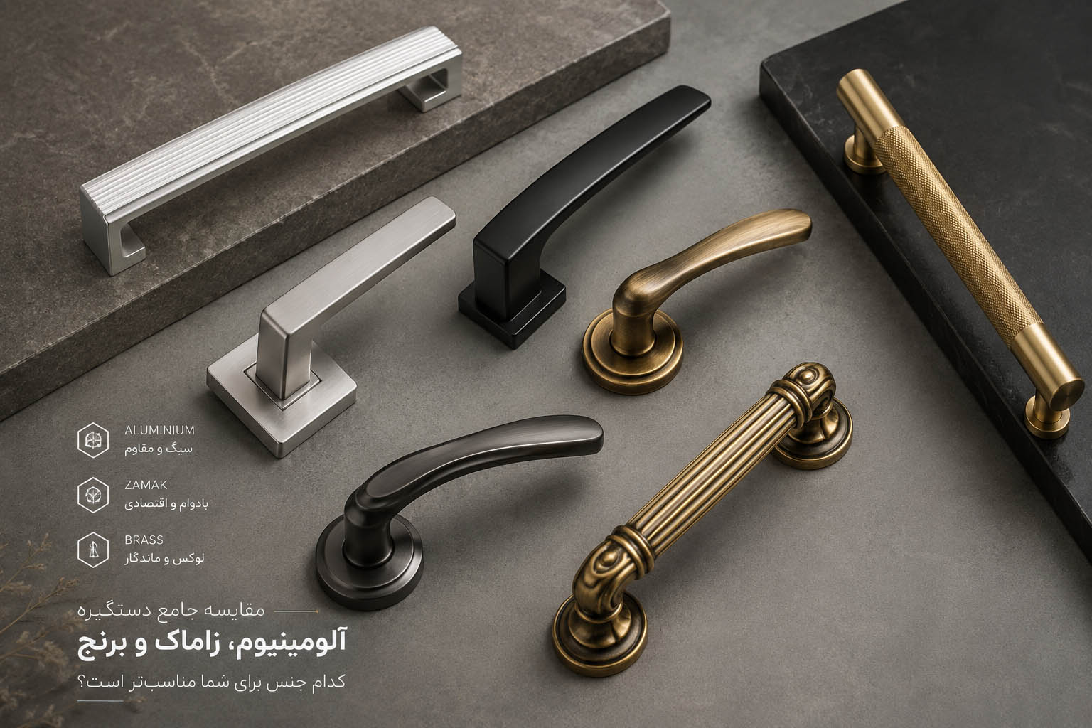 مقایسه جامع دستگیره آلومینیوم، زاماک و برنج؛ کدام جنس برای شما مناسبتر است؟